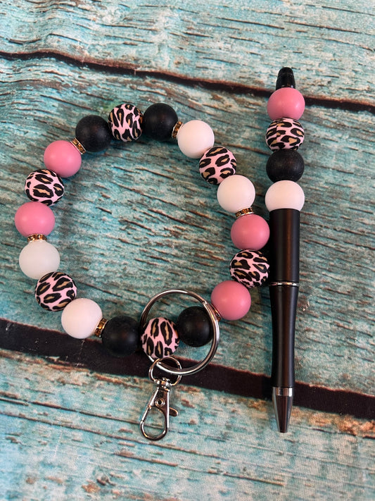 Pink leopard wristlet keychain set